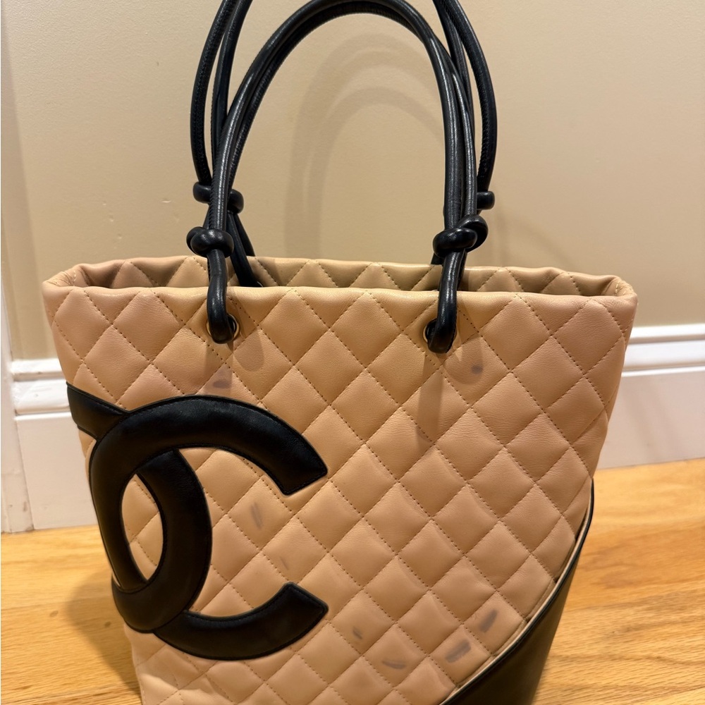 Chic Tan and Black Quilted Tote Bag